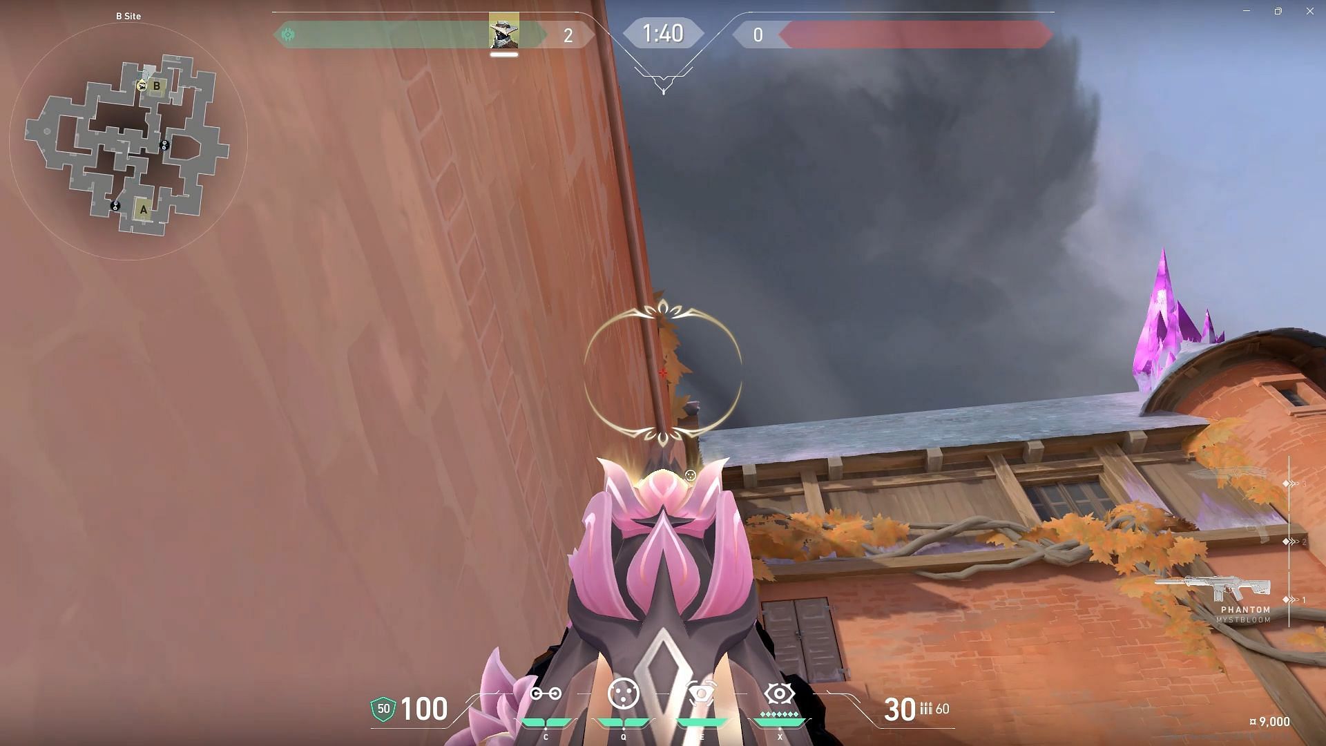 Where to aim for one-way Cyber Cage setup on B site (Image via Riot Games)